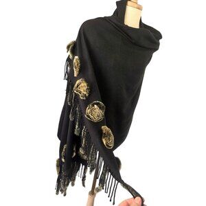 Noel Asmar Black Faux Fur Rosette Fringe Shawl Wrap Scarf Acrylic 70x29